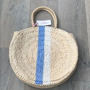 Vineyard Vines Woven Straw Round Tote Natural w/Deep Bay Sky Blue & White Stripe